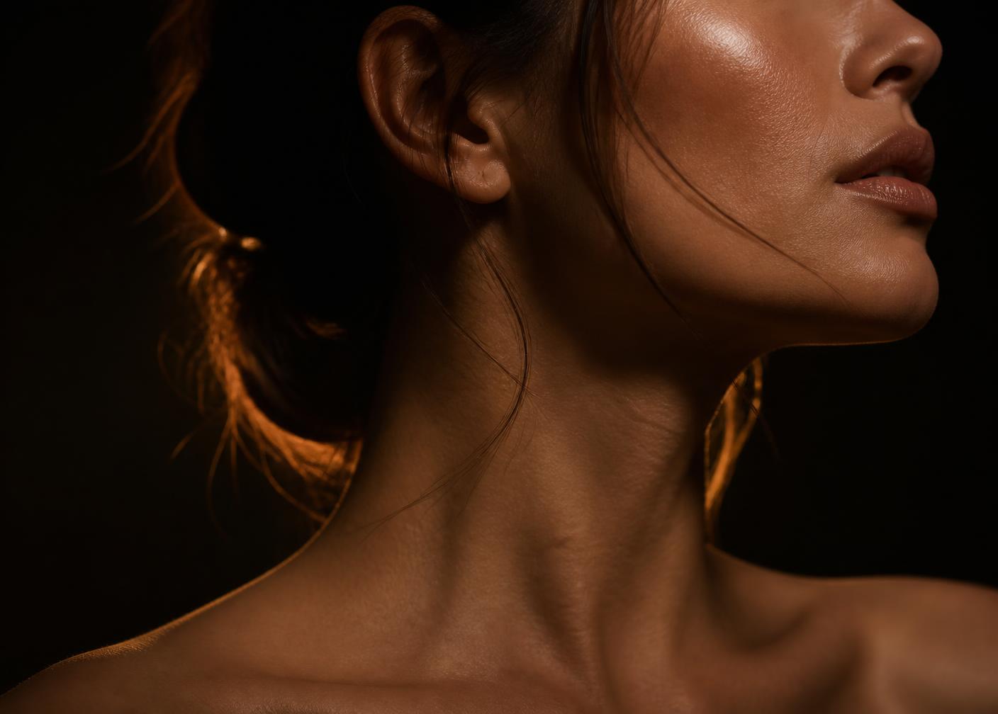 Cinematic profile of a sculpted jawline in warm light