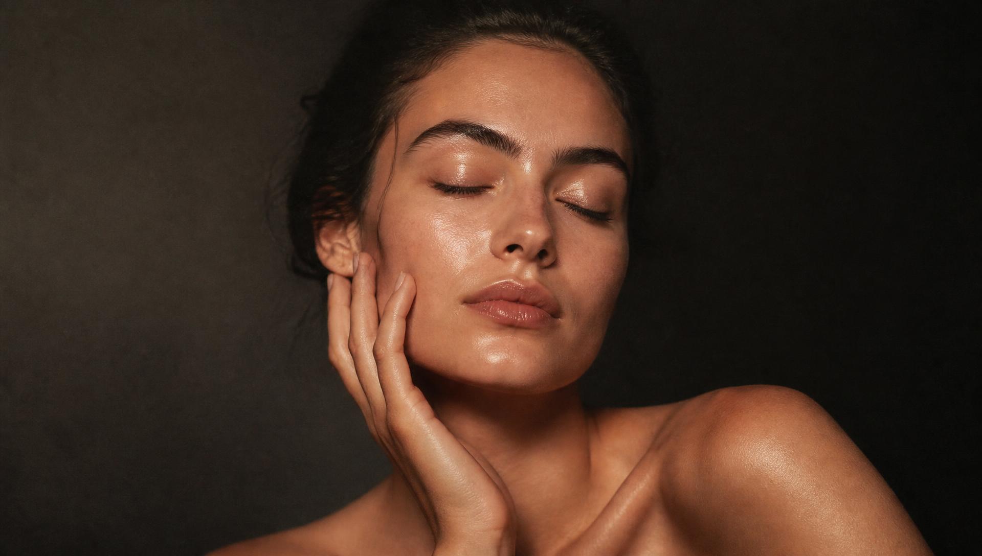Close portrait of a woman with natural, luminous skin